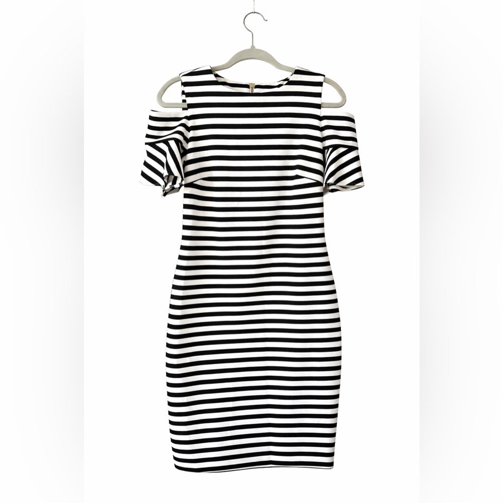 Calvin Klein Black and White Striped Off-Shoulder Dress Size 6